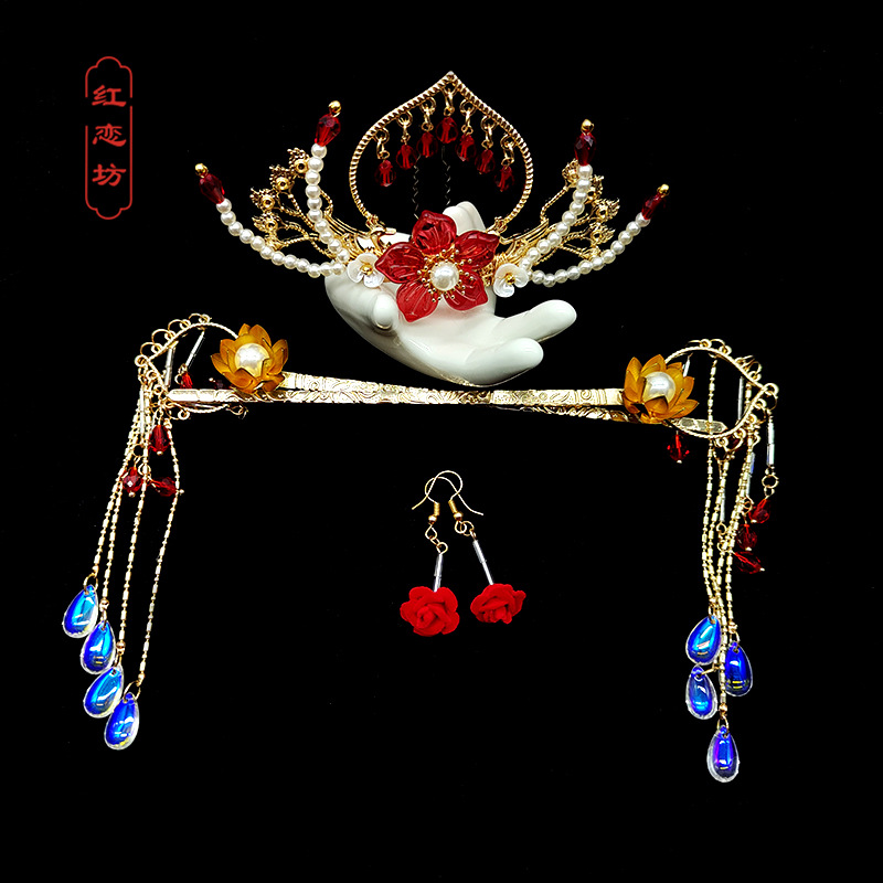 新款古风头饰发冠发簪流苏步摇套装明制汉服头饰马蹄莲顶簪发簪新