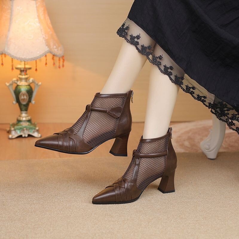 Woven Hollow Breathable High-Heeled Short Boots 2026 Spring and Summer New Style French Splicing Versatile Fashion Sandals for Women
