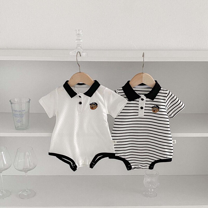 Baby's Short-sleeved Suit Thin Summer Baby Bear Striped Polo Lapel Bag Fat Clothes Triangle Crawling Fashion