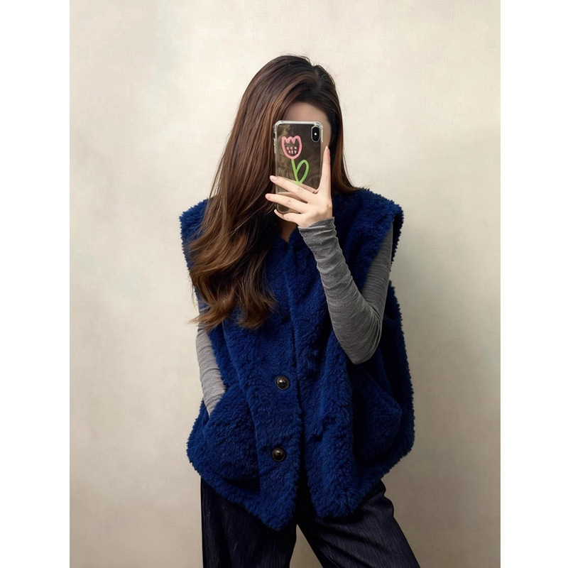 Korean Style Super Nice Layered Furry Top Blue Lamb Wool Vest Women's 2025 New Autumn and Winter