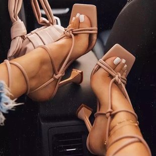 Sandals Women's High Heels Thin Thick Heels Apricot Medium Thick Heels Summer Square Toe Roman Lace up Large Size Fashion Photo High Heels