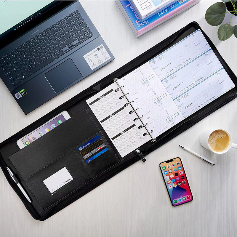 Manufacturer Customized 7-Hole Ring Grids Loose-Leaf Card Holder Professional Pu Leather Folder Information Tablet Zipper Bag