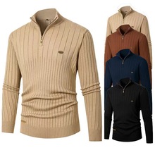 跨境外贸欧美男装男式针织衫外套坑条立领半拉链长袖加厚套头毛衫