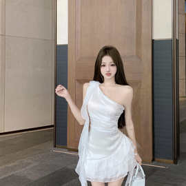 6368#夏季新款白色斜肩雪纺连衣裙收腰短款仙女蛋糕裙