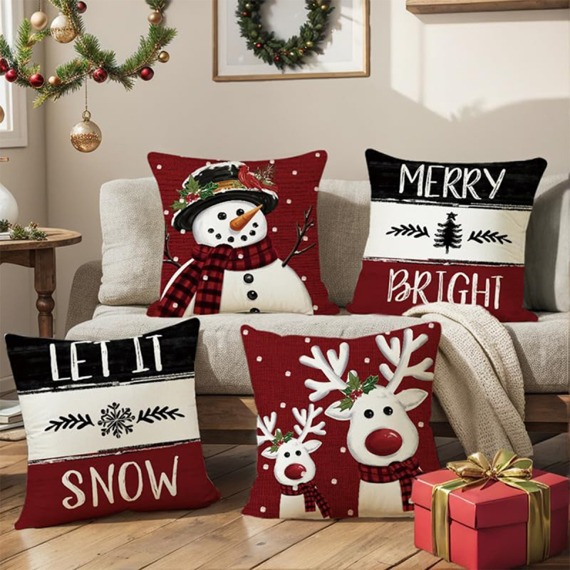 クロスボーダークリスマス枕カバーリネンクリスマススノーフレーク装飾リビングルームソファクッションカバークリスマスベル枕カバー|undefined