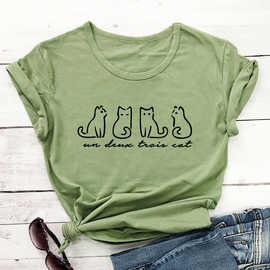 跨境ebay亚马逊 母亲节 Un Deux Trois Cat字母猫咪印花 短袖T恤