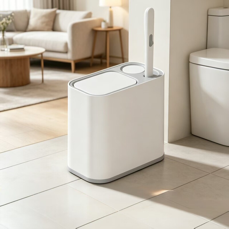 Toilet Brush and Disposable Trash Can Two-In-One, Long Handle, Anti-Odor, No Dead Corners, Household Storage Paper Basket