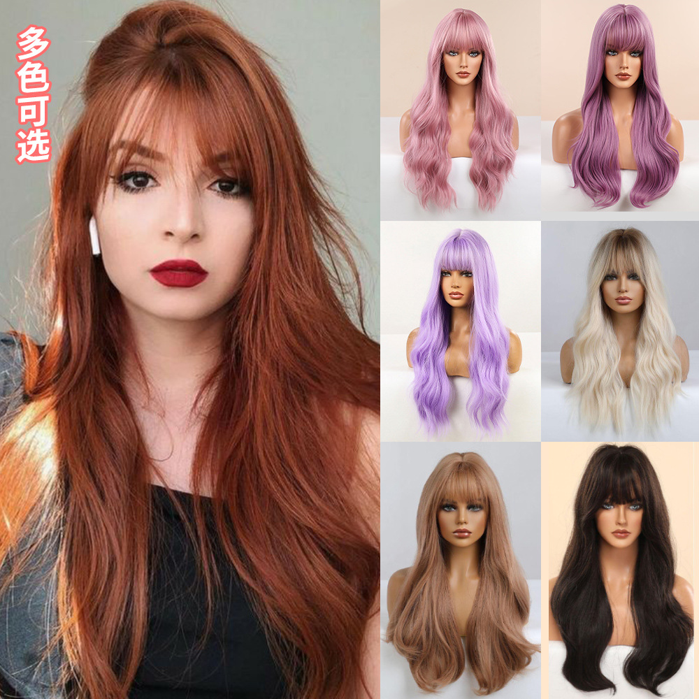 Peluca de pelo largo y rizado, colorida, con flequillo, para cosplay, Halloween, Navidad, peluca natural y esponjosa para toda la cabeza