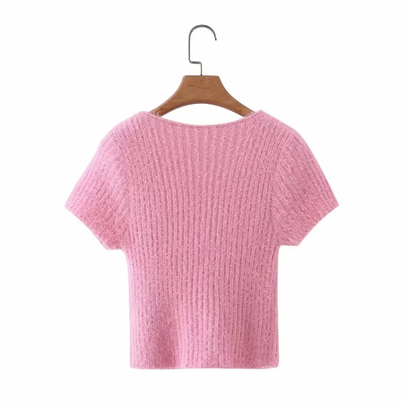 short V-neck knitted short-sleeved zipper sweater NSAC41388