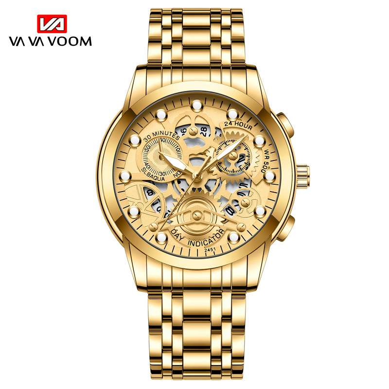 VAVA VOOM 2451 nuevo calendario falso Movimiento de cuarzo de tres ojos Reloj de correa de acero luminoso para hombres