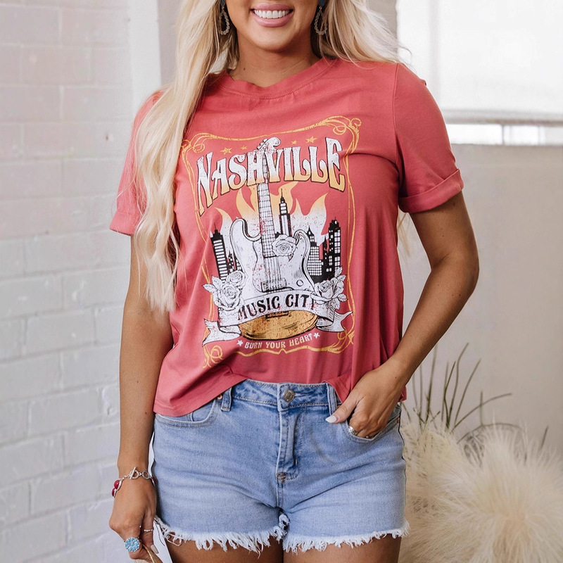 Shiying European and American T-Shirt Women's Loose Pullover Round Neck Breathable Medium Elastic Music Festival Printed Short-Sleeved Top for Women