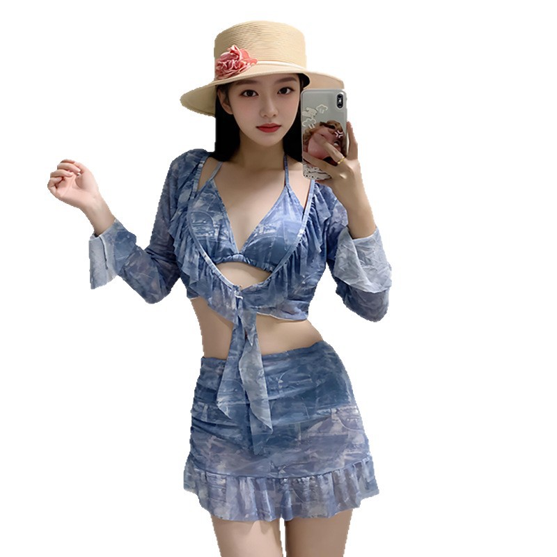 Bikini trajes de baño de mujeres en línea explotador transfronterizo dividido conjunto de cuatro piezas super sexy adelgazamiento puro quiere mangas largas trajes de baño de protección solar