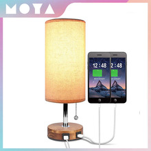 USB充电木头台灯家用卧室床头桌灯方形布罩小夜灯跨境亚马逊专供