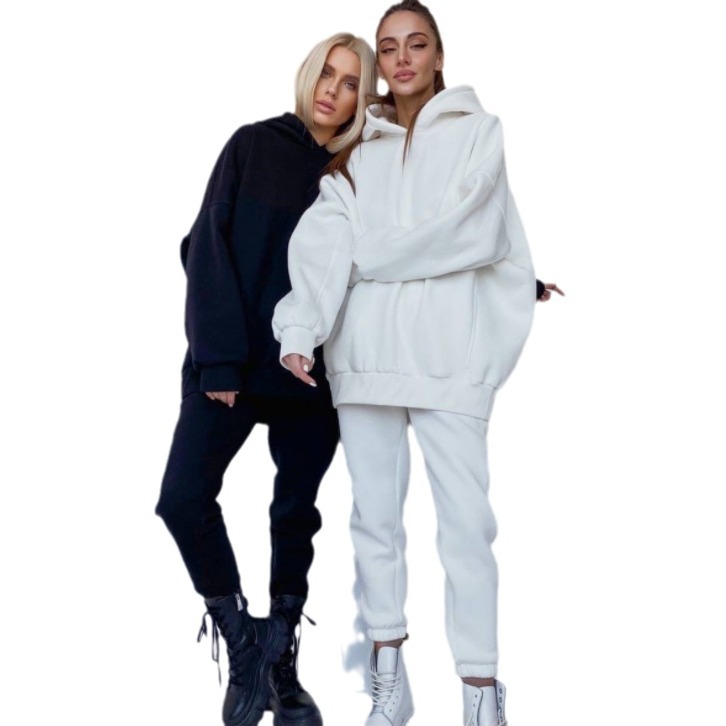 Women's Clothing Women's Hooded Sweatshirt Two-Piece Set Fleece-Lined Pullover & Joggers Casual Outfit In White Black Brown Beige S M L XL_voghion.com