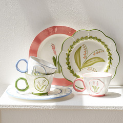 奧斯汀系列 中古風清新手繪釉下彩陶瓷盤子杯子 鈴蘭/鳶尾盤