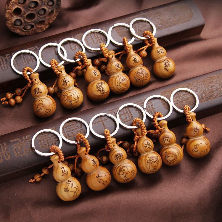 zodiac gourd automobile hanging ornament keychain peach wood carving pendant creative gifts for men and women keychain pendant
