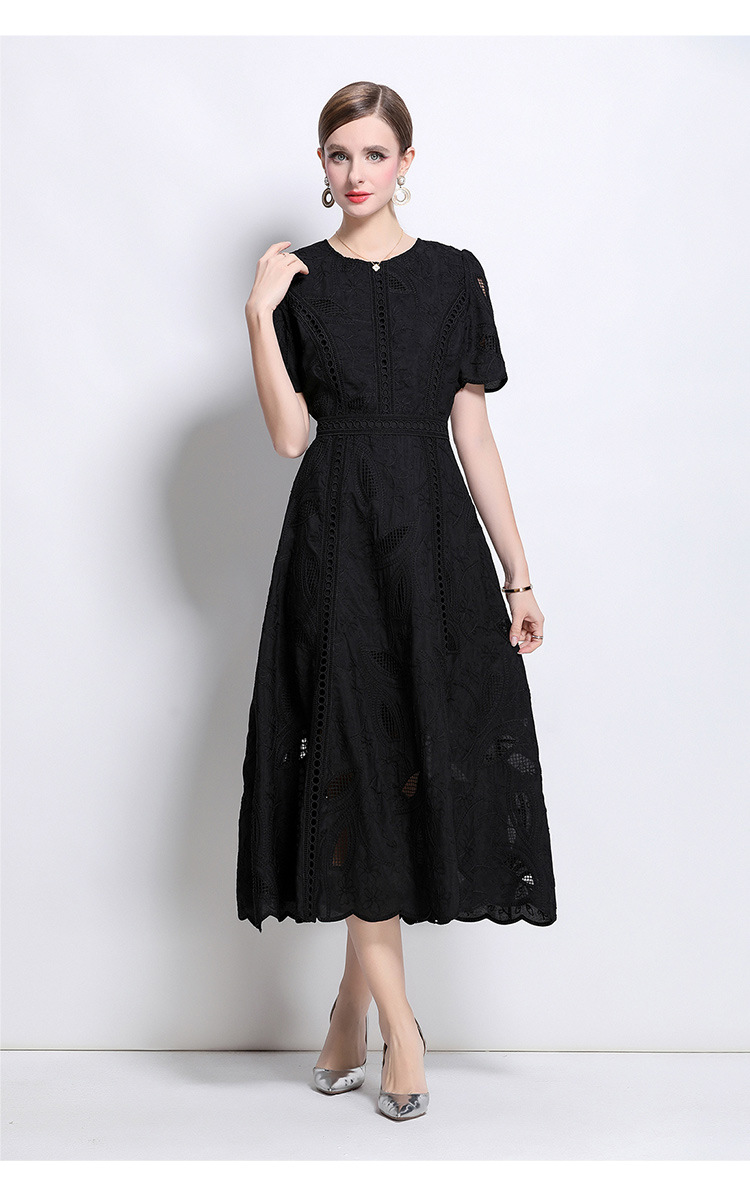 Đầm maxi nữ thắt eo cổ điển Pháp ren thêu họa tiết tay ngắn — màu đen, xanh nhạt, màu hồng, Xanh da trời nhạtcolor chi tiết 3