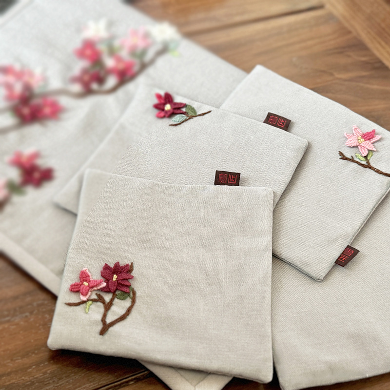 Bordado diy camelia estera de té estilo chino zen lu bordado hecho a mano diy estera de té de algodón y lino bordado tridimensional principiante bandera de té image 14
