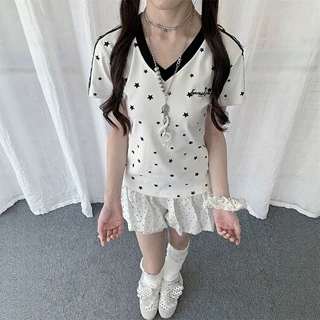 满印星星V领短袖T恤女2026夏季新款轻亚立体白色天使翅膀正肩上衣
