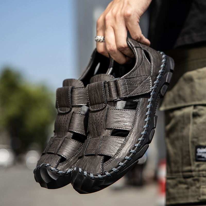 Cross-border Large-size Leather Hand-sewn Casual Sandals 2026 Summer New Men's Outdoor Clogs Beach Shoes_vogvips.com