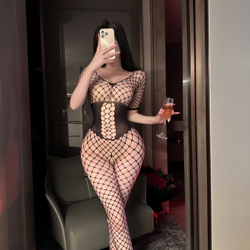 Birds Flying Above the Moon, Sexy Fishnet Lingerie, Black Silk V-Neck, Sexy Hot Girl Style, Large Mesh Hollow-Out Bodysuit with Open Crotch 5020