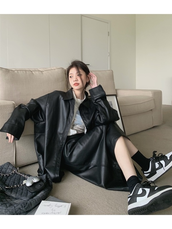 2025秋季新款美式辣妹风设计感百搭长袖皮衣高腰半身裙时尚套装女|undefined