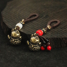 中式复古实心黄铜招财猫钥匙扣手工编绳铜五帝钱车钥匙挂件原创