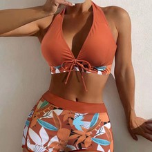 欧美外贸泳衣女士分体高腰平角系带比基尼印花纯色游泳衣