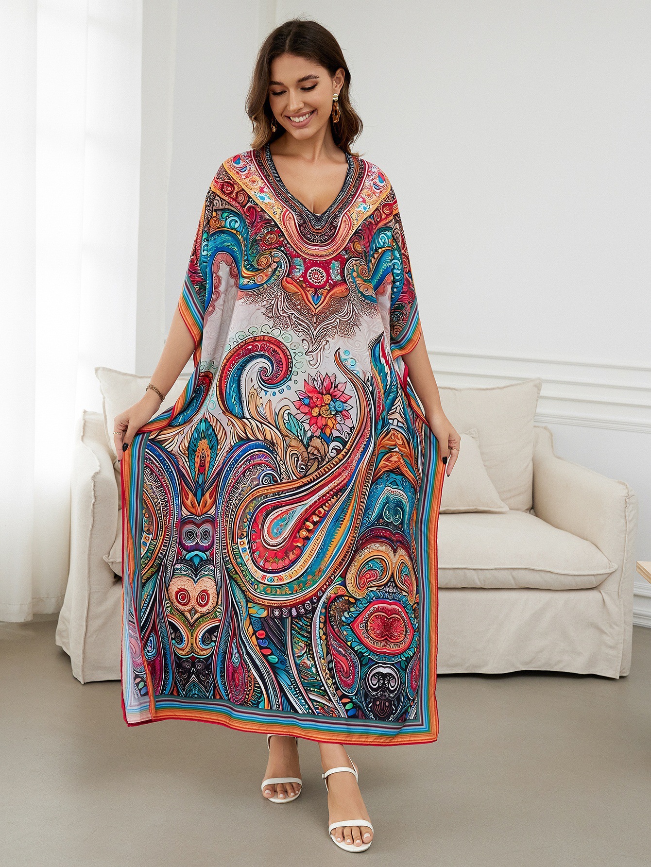 Rochie de plajă lungă kimono dama boho viscoză tie-dye_voghion.com