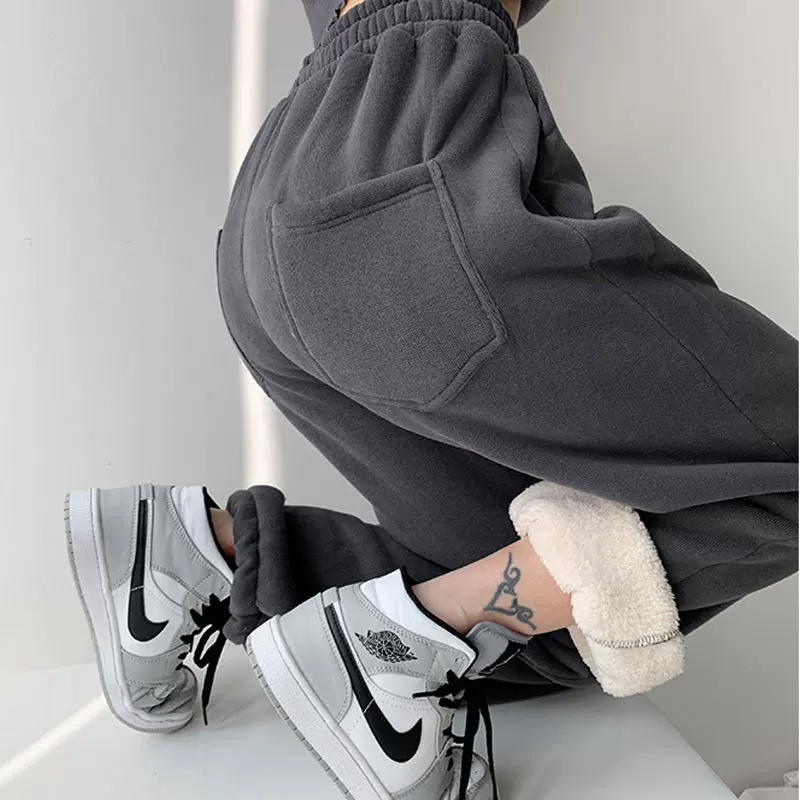 秋冬加厚羊羔绒运动裤女抽绳束脚棉裤高腰外穿休闲宽松显瘦卫裤潮