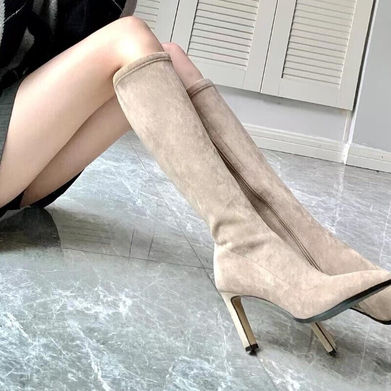 Chuyuji Pointed Toe Apricot High-Heeled Long Boots for Women 2026 Autumn/Winter Stretch Slim Boots Thick Heel Over-the-Knee High Boots