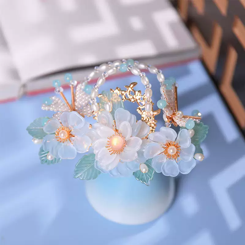 汉服发饰琉璃花朵对夹发冠套装流苏步摇古风仙女款蝴蝶结串珠发夹