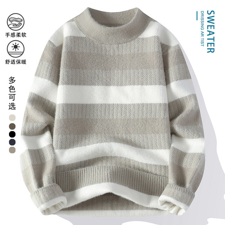 Tendencia masculina de invierno nuevo cuello redondo engrosado jacquard rayas de manga larga suéter de moda masculino camiseta de punto cálida