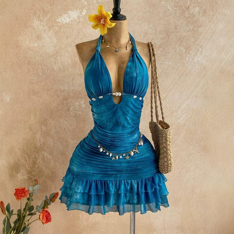 European and American cross-border resort-style mesh floral and shell-decorated backless mini dress with tie and bow and ruffle details