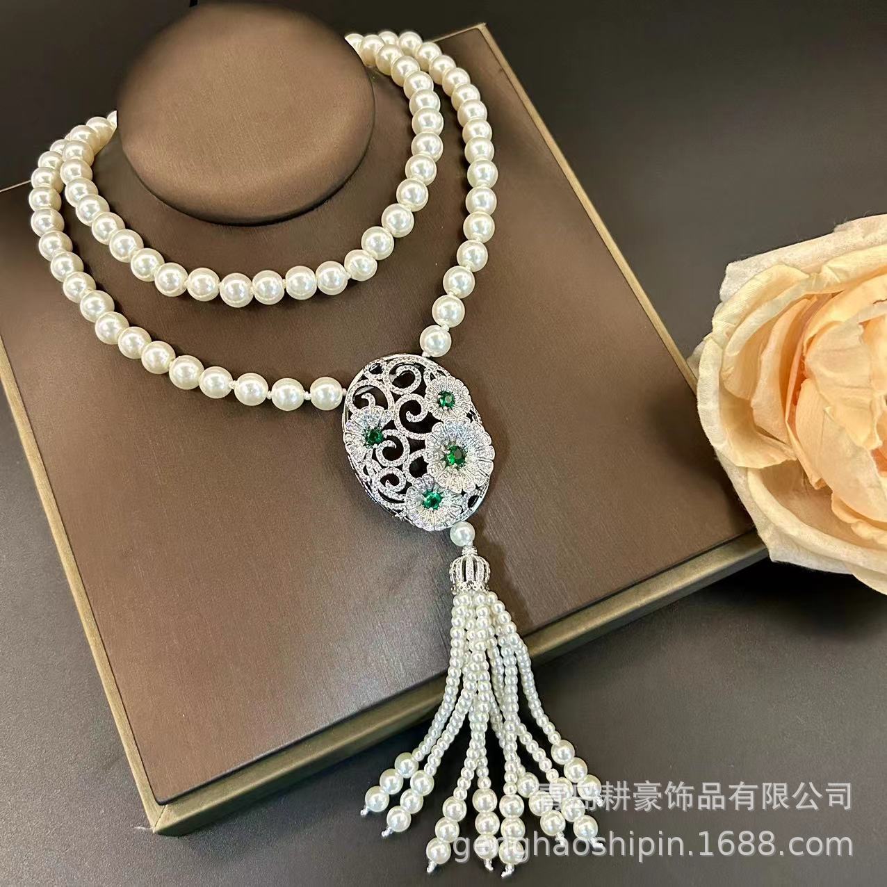 Qingdao Middle Ancient Chinese Style New Chinese Style Tassel Long Necklace Palace Hollow Carved Diamond Pearl Woolen Chain for Women