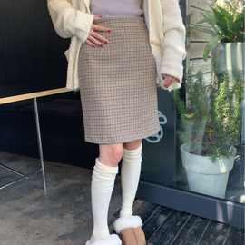 不退不换2023秋季新款韩版休闲100羊毛包臀裙千鸟格高腰A字半身裙