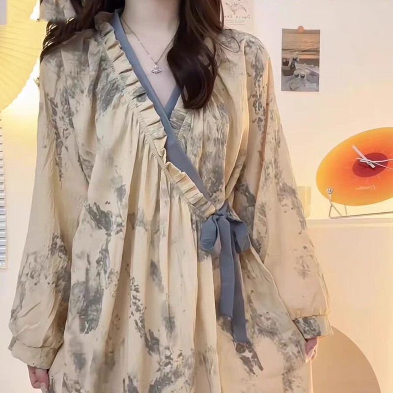[Ink Fragrance] 2025 New Autum Nightgown for Women at Home, Chinese Style High-End Lace-Up Bathrobe, Home Wear Nightgown