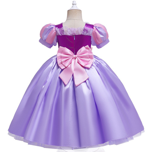  New Frozen Long Hair Princess Elegant Bow Girl Puffy Skirt Princess Bubble Sleeve Evening Dress 