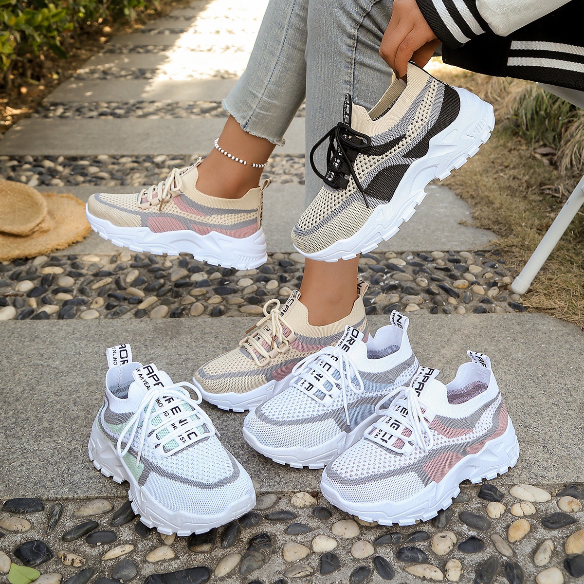 Dropshipping New Fashion Thick-Soled Comfortable Sports Running Shoes, Lightweight Breathable Slip-On Walking Shoes for Women