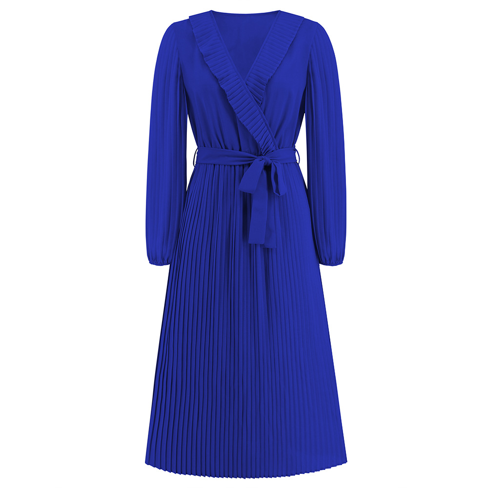 Women's Regular Dress Simple Style V Neck Belt Ruffles Pleated Long Sleeve Solid Color Midi Dress Daily Street display picture 12