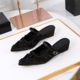 599-23 Korean version silk bow decoration slope heel slippers for women, pointed shallow mouth straight buckle strap for wearing outside, half dragged for women