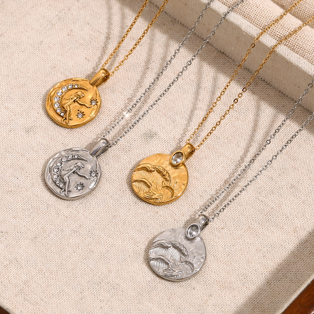 All Seasons Season Women's Gender Plating, Inlay Design Wholesale Jewelry Retro Sun Moon 304 Stainless Steel Rhinestones 18K Gold Plated Plating Inlay Pendant Necklace Cable Chain