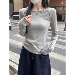 设计感韩版插肩长袖T恤女秋冬新款小众时尚别致修身打底百搭上衣