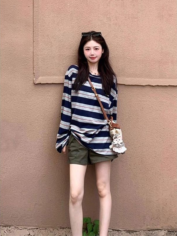 韩系蓝色条纹休闲防晒长袖T恤女夏季宽松慵懒风外搭薄款罩衫上衣|undefined