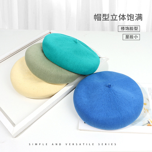 Cotton-lined, breathable, lightweight summer cream-colored beret hats for women, versatile artist hats, Korean-style lucky ring hats