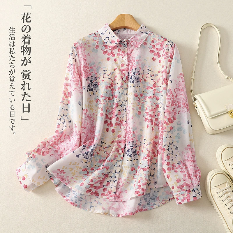 Реальная картина Макаронного цвета Рами Цветочная рубашка Женская свободная весенняя рубашка с тонким принтом