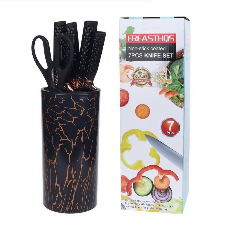 Juego de cuchillos de cocina Juego de cuchillos negros de siete piezas Mango antideslizante Base de cilindro de mármol Juego de cuchillos de chef