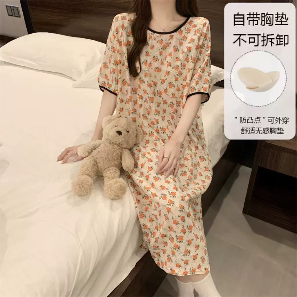 跨境夏季短袖带胸垫睡裙云朵棉睡衣女甜美家居服女裙子