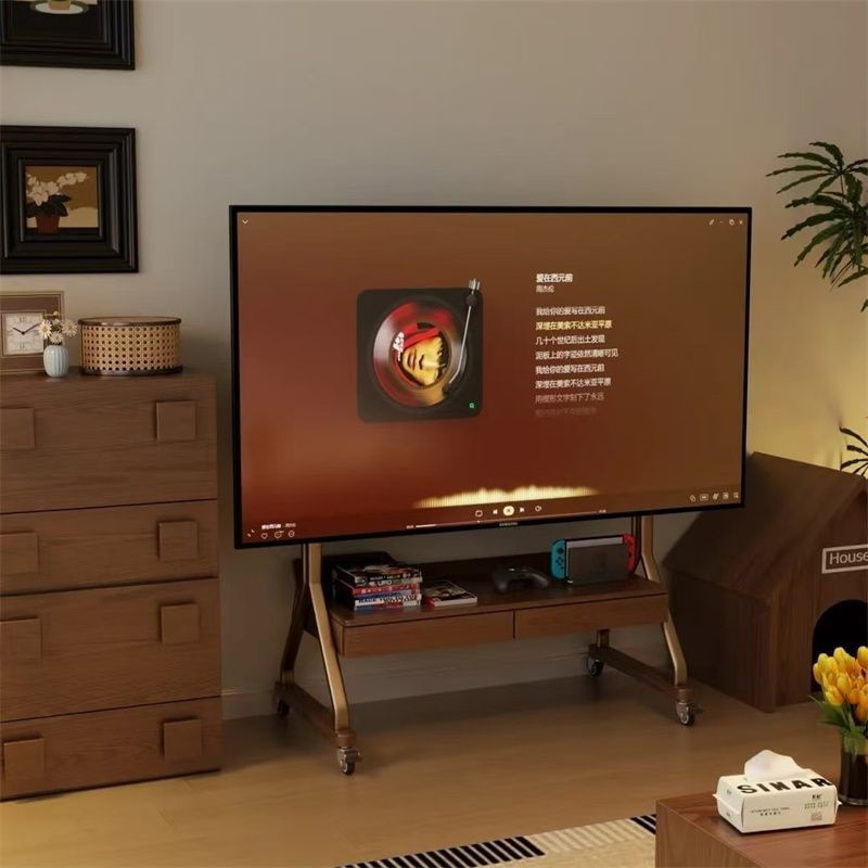レトロな無垢材の可動テレビキャビネット、車輪付きウォールナット色のリビングルームホームベッドルームフロアスタンドテレビスタンド|undefined