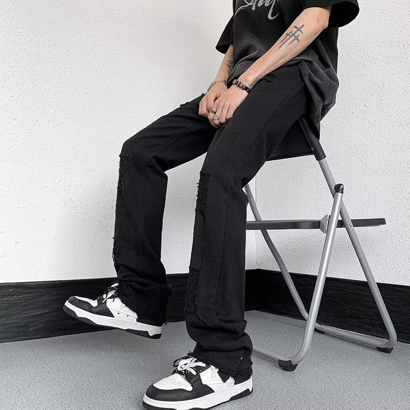 Black American High Street Hip-Hop Frayed Ripped Layered Jeans Men's Straight-Leg Jeans Oversized Long Pants
